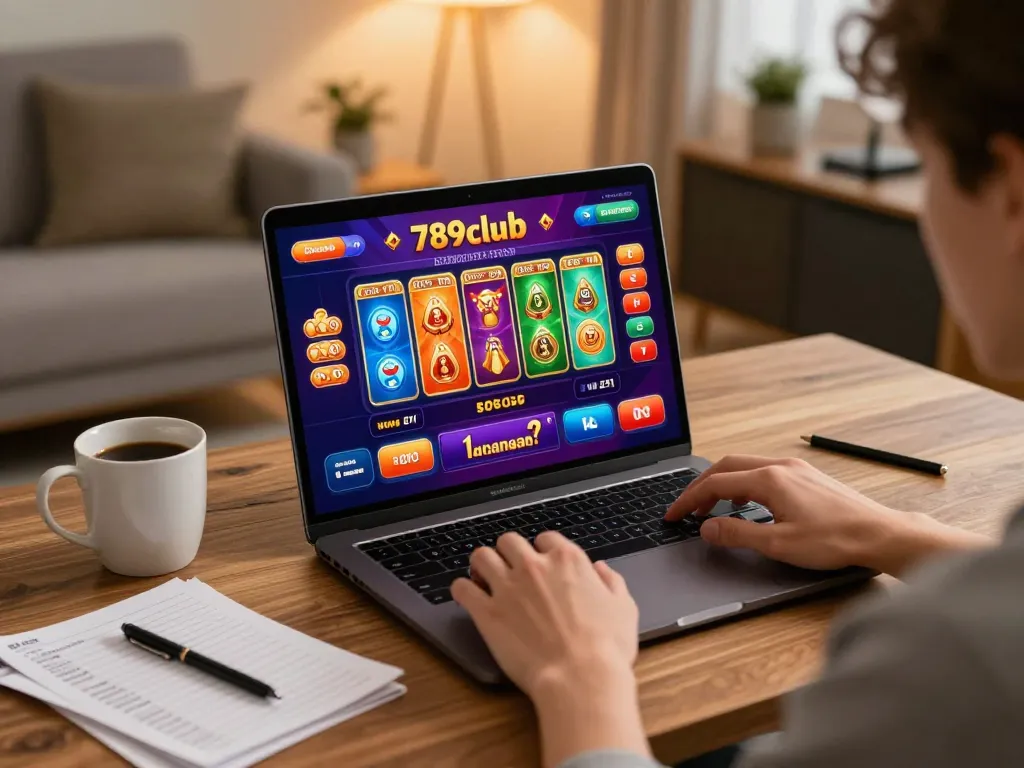 Player enjoying 789club gaming experience on laptop in cozy home setting