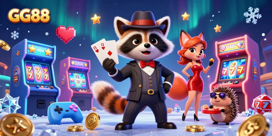 Experience thrilling gaming with GG88's stylish raccoon, enchanting fox, and vigilant hedgehog in a vibrant casino setting.