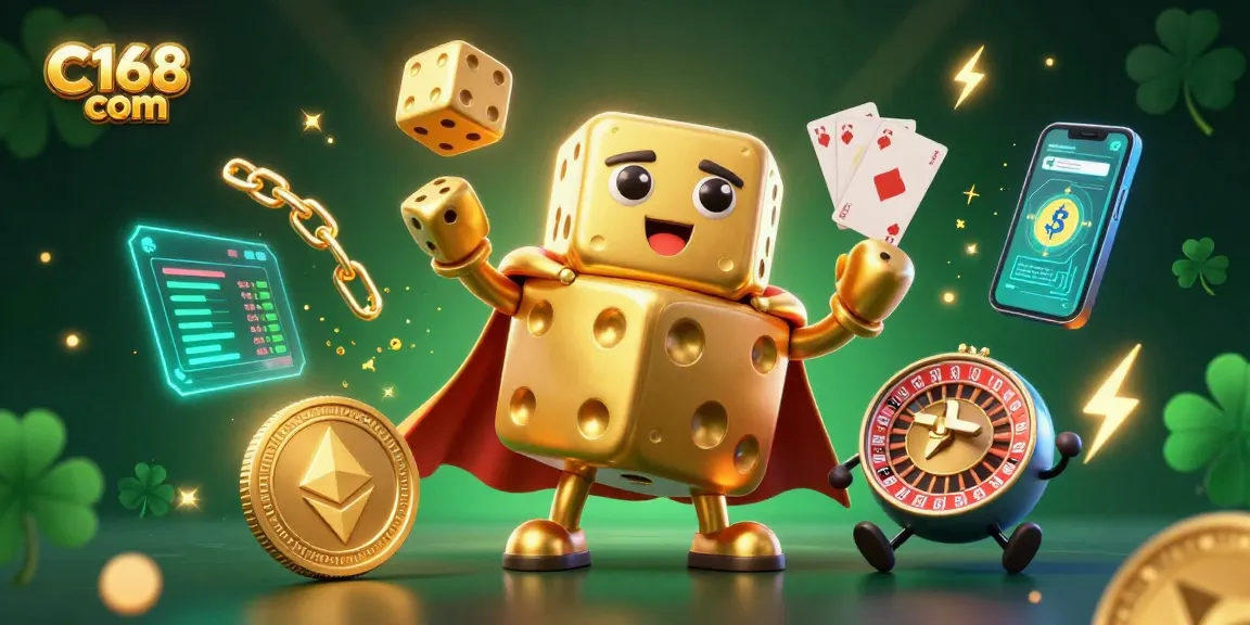 Engage with C168 com's golden dice golem and vibrant casino elements in this thrilling 3D illustration.