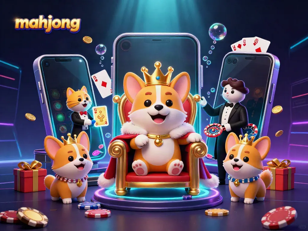 Mahjong slot menampilkan corgi kerajaan dengan mahkota emas dan pemandu kucing di kasino.