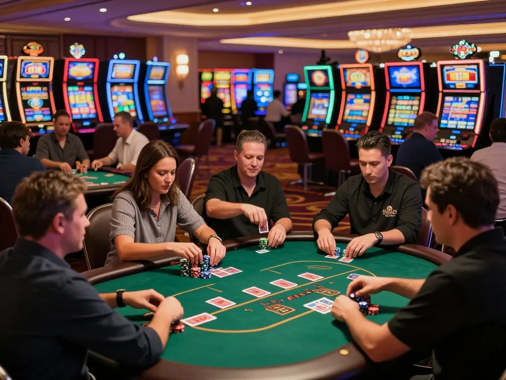 Action-filled scene at nhà cái luckywin casino, where players are engaged in intense poker gameplay with vibrant casino atmosphere.