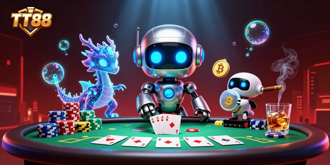 Engaging TT88 casino scene with a cyberpunk robot, AI dragon, and drone among poker elements.