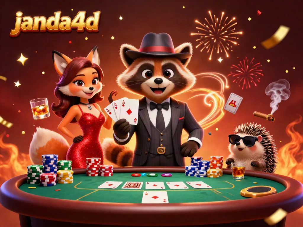 Rakun dan wanita rubah menghidupkan suasana judi di janda4d dengan kartu royal flush.