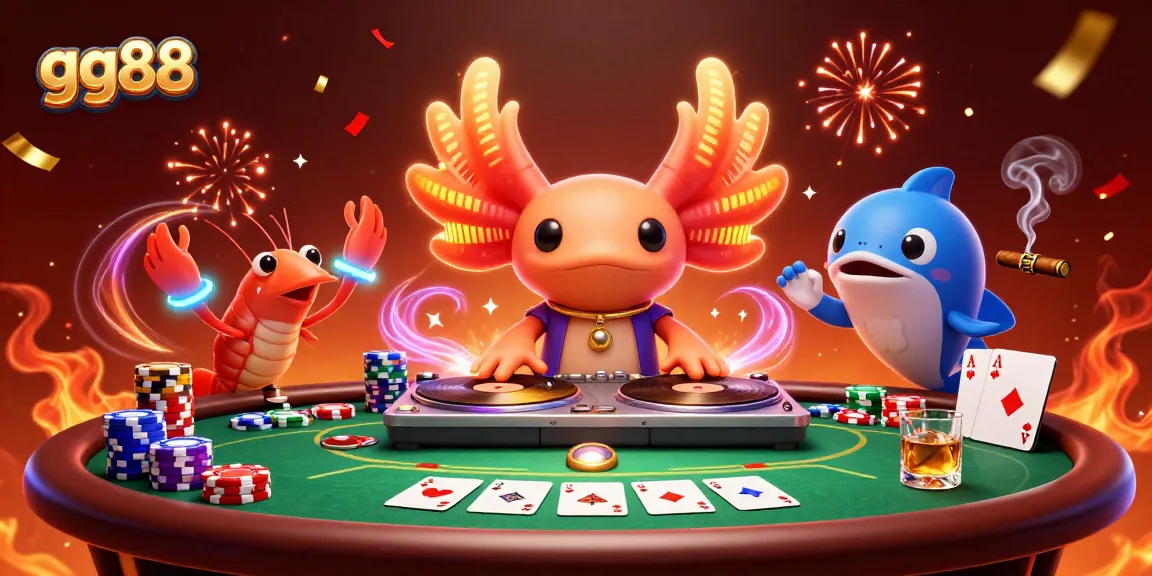 Experience the excitement of gg88 with a vibrant 3D casino scene featuring a DJ axolotl and poker action.