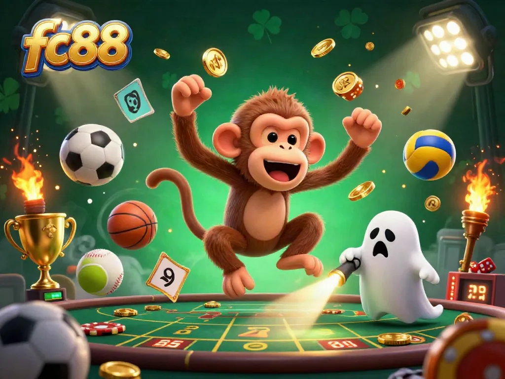 Watch as fc88's golden coins and sports balls swirl in a thrilling haunted casino scene.