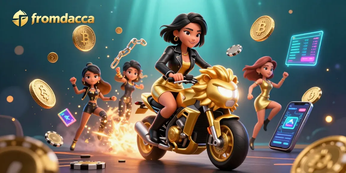 Experience the thrill with fromdacca's dynamic 3D casino scene featuring sleek characters and crypto-inspired elements.