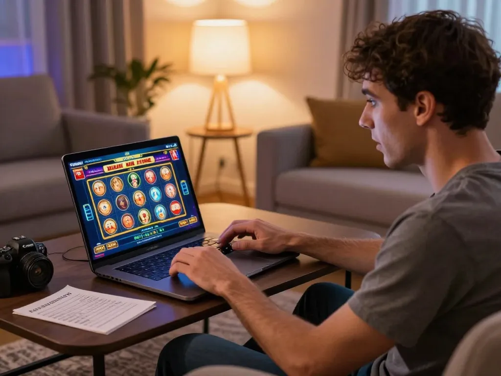 Player engaging with online gambling at https://lv88cha.com/ on a laptop with cozy home setup, showcasing a responsible gaming atmosphere.