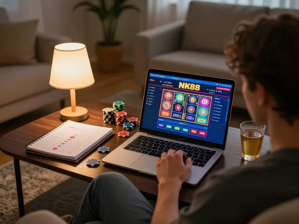 Navigating the NK88 online casino interface with excitement during a cozy home gaming evening.