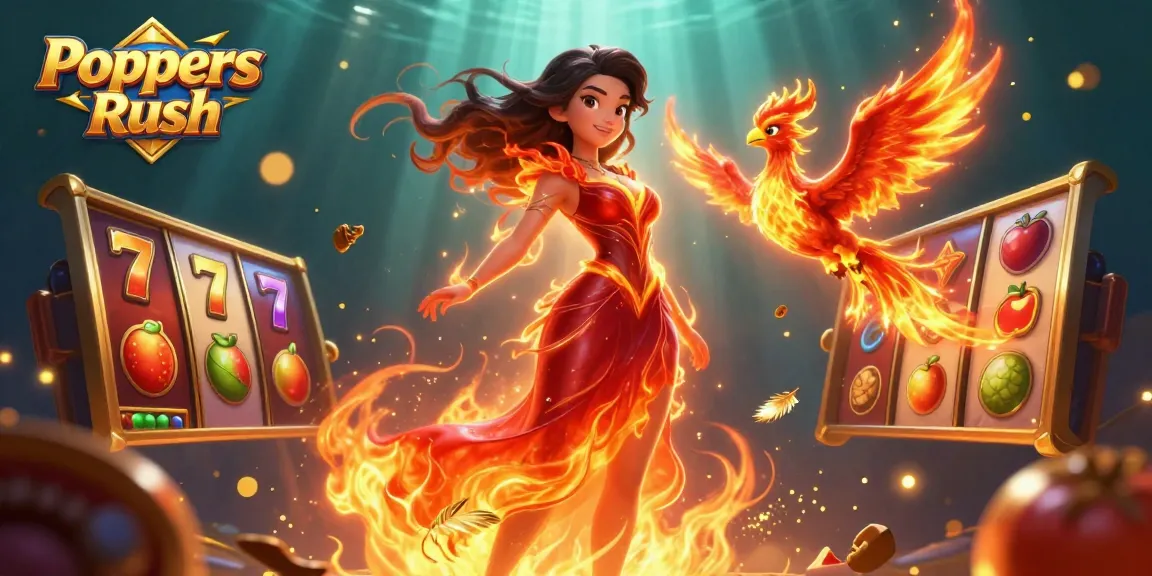 Poppers Rush showcases a thrilling casino scene with slot reels and a stunning character illustration.
