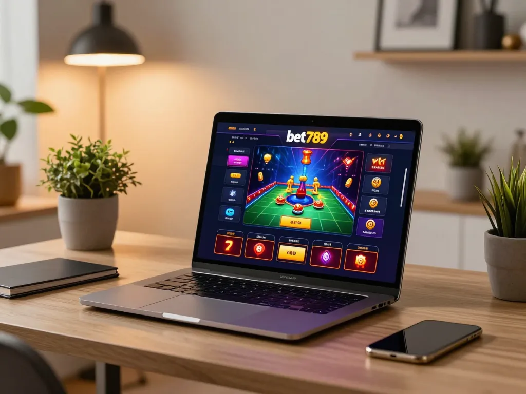 Experience online gameplay at bet789, showcasing a dynamic gaming session in a cozy home office.