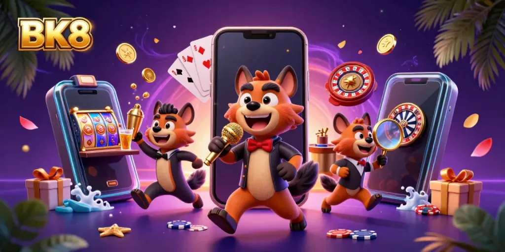 Experience BK8's vibrant online casino scene with hyena characters in a lively comedic atmosphere.