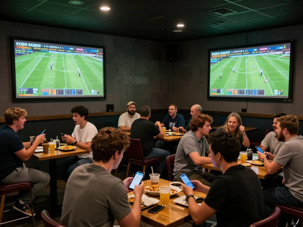 KQBD live football updates in a lively sports bar, fans actively engaged in betting.