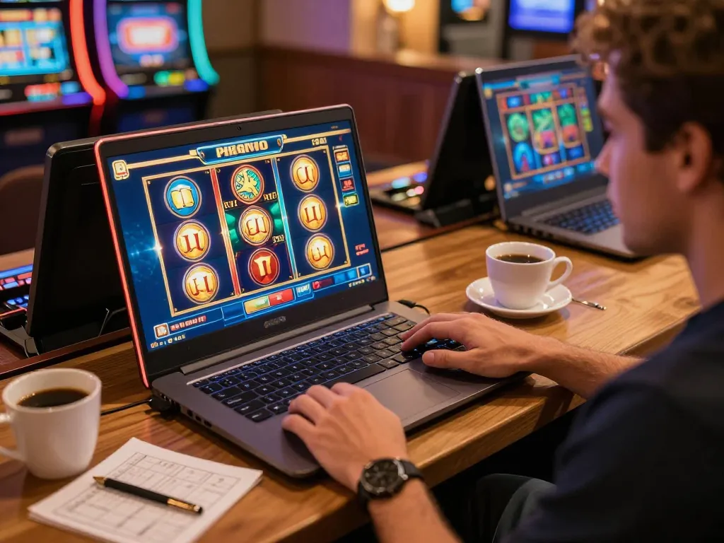 Player engaging with online casino slots at 789bet, cozy gaming setup with warm lighting.