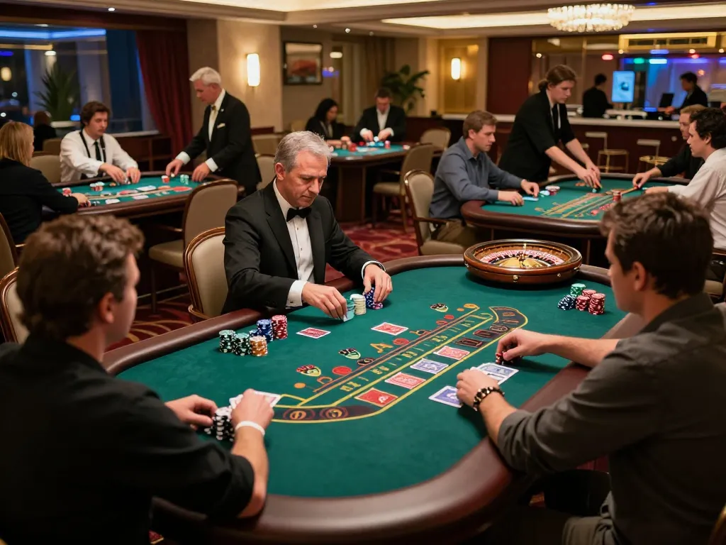 Players enjoying RIK VIP at lively blackjack tables in an upscale casino.