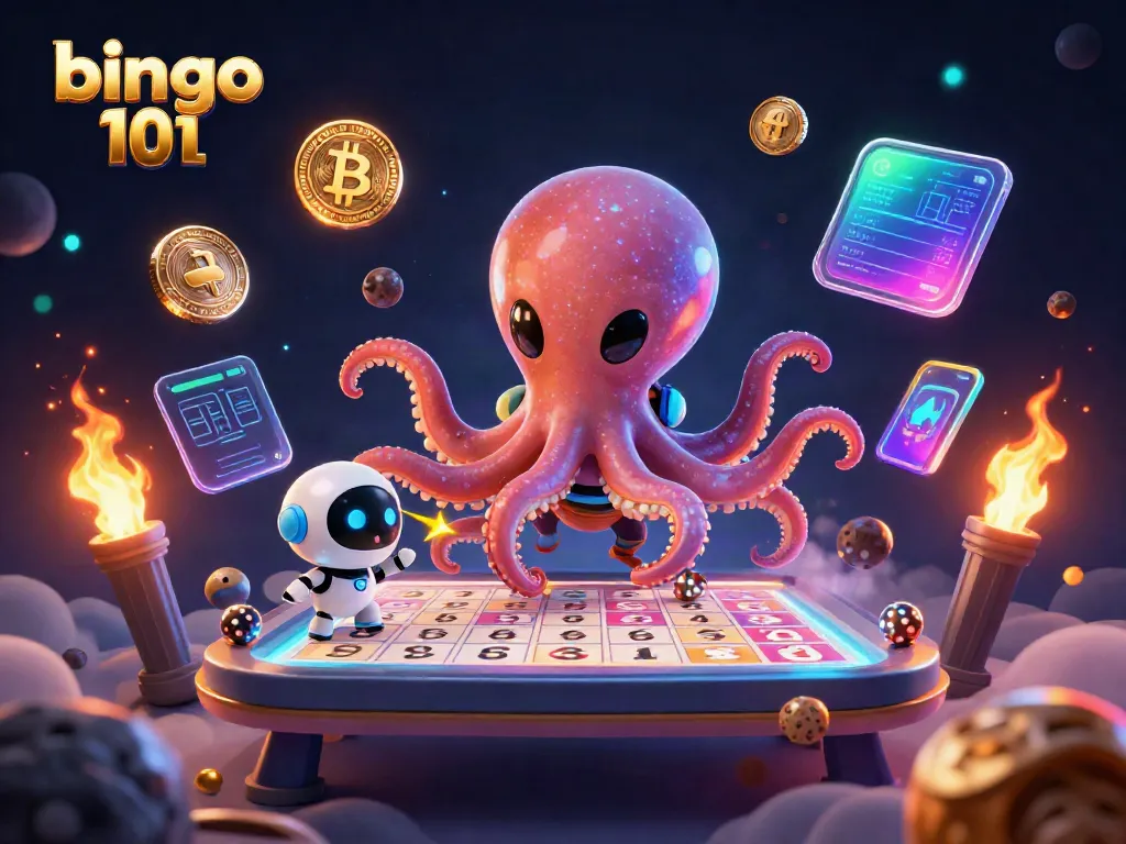 Visualize a vibrant bingo 101 scene with an alien octopus and bingo elements, engaging in cosmic game action.