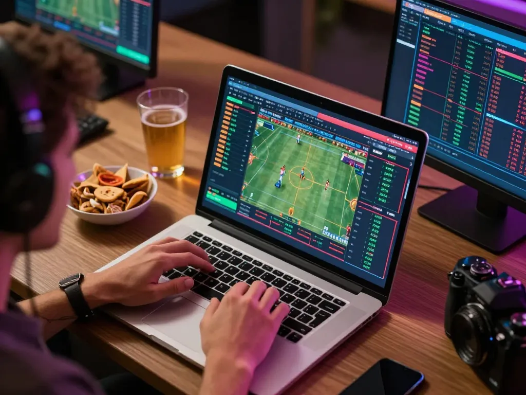 Engaging in online sports betting with F8bet me using laptop, featuring live odds on screen.