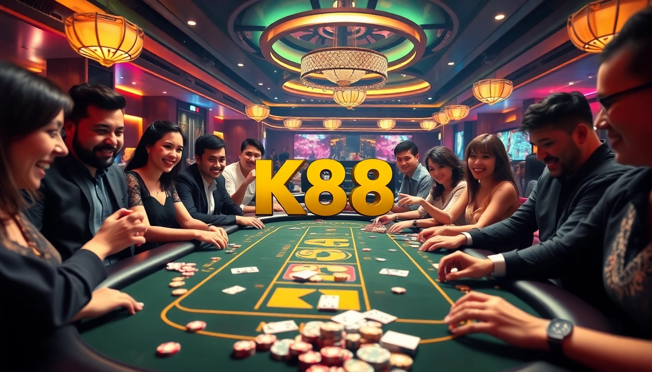Players engaging with the K88 gaming table in a lively casino atmosphere, showcasing excitement and luxury.