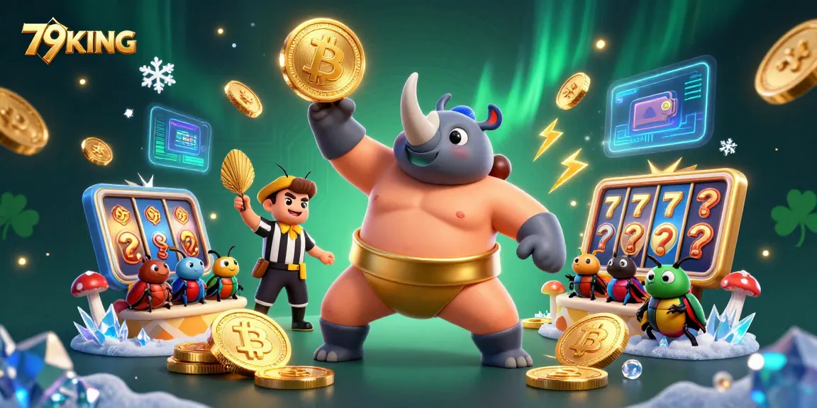 Experience thrilling wins at 79KING with a dynamic casino scene featuring a beetle champion and vibrant gaming elements.