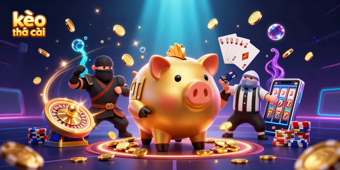 Bet on kèo nhà cái as a golden piggy bank sumo wrestler stamps coins, surrounded by gambling elements.
