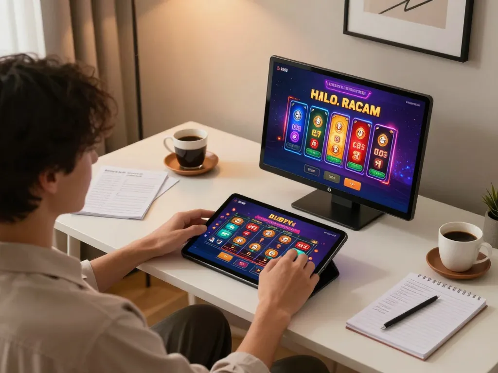 Player enjoying an online casino session on tablet at home with Lc88 Vina, showcasing vibrant gaming interface