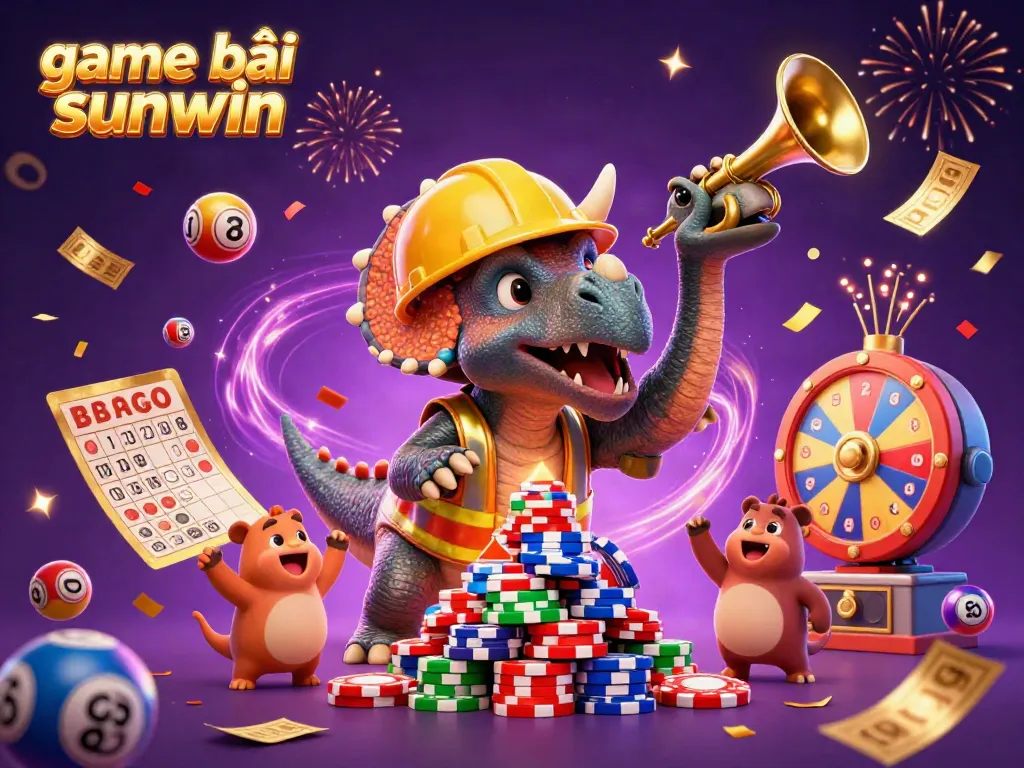 Experience the excitement of game bài sunwin with playful 3D characters celebrating in a vibrant, casino-themed illustration.