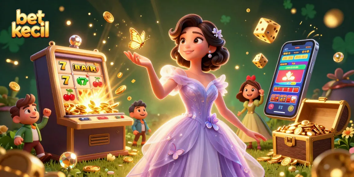 Engage with bet kecil in this vibrant casino scene featuring exciting slot machines and golden treasures.