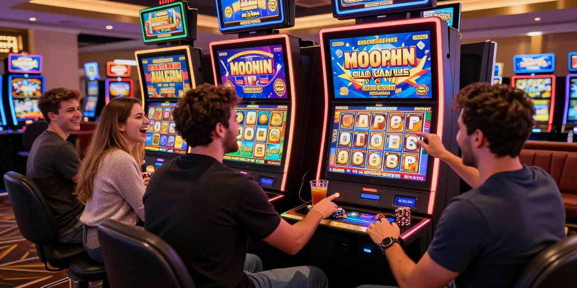 Engaged players at vibrant bonus buy slots in a modern casino, showcasing excitement and social interaction.