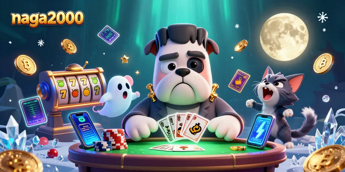 naga2000 menghadirkan suasana kasino dengan monster Frankenstein yang menangani kartu dan simbol slot mengelilingi suasana seru