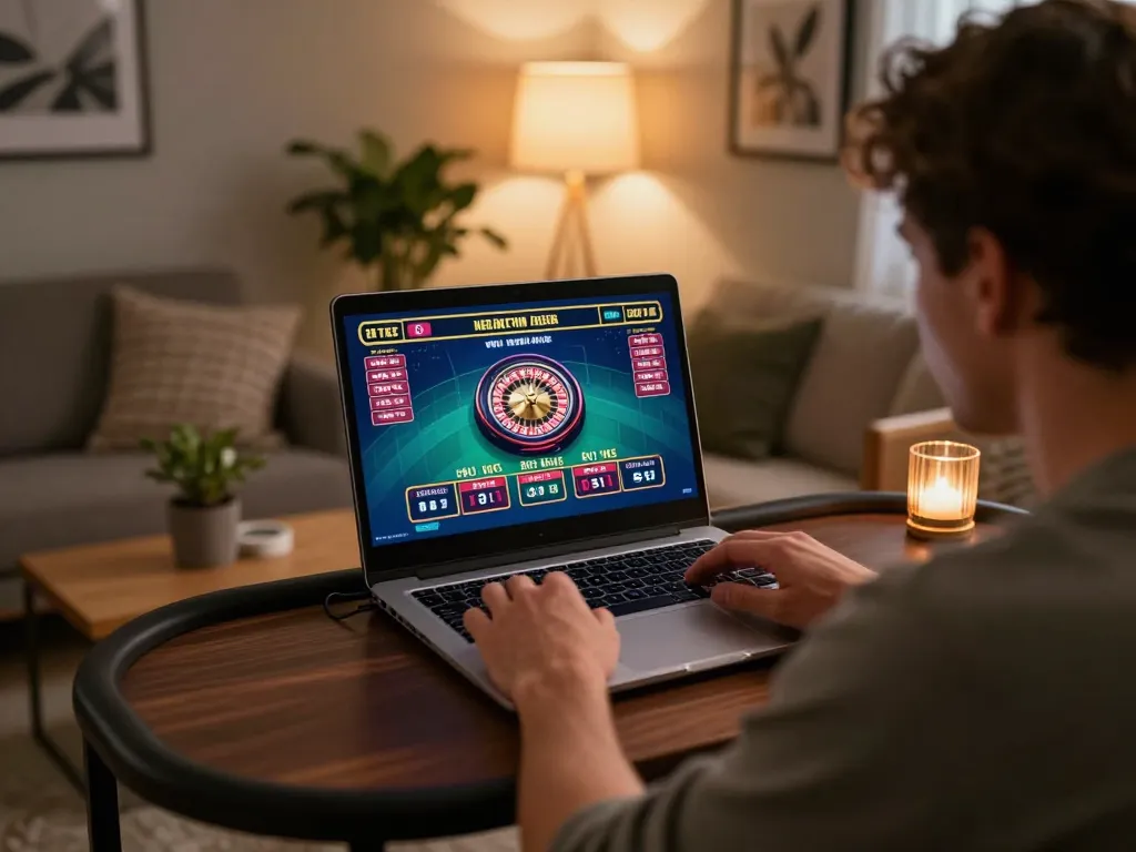 Player engaged in ALO8 Live roulette game on laptop, showcasing exciting online gambling experience.