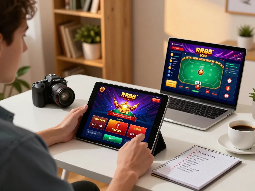 Engaging with the RR88 KJC app for strategic online gaming in a cozy home setup.
