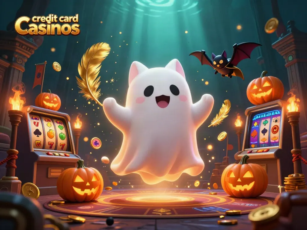 Engage with credit card casinos in a vibrant haunted casino scene featuring a ghost cat and glowing jack-o-lanterns.