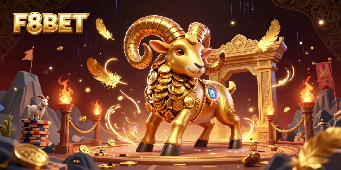 Experience the thrill of F8BET with a golden ram charging through a dynamic gambling arena filled with festive decorations.