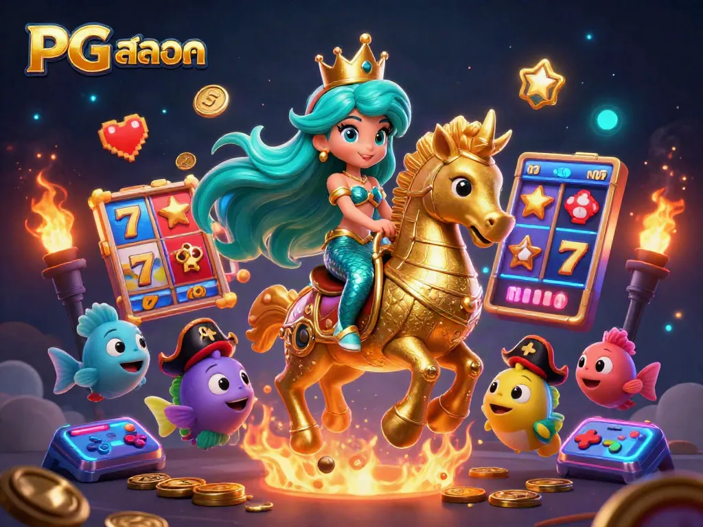 Experience the excitement of PG สล็อต with a vibrant 3D casino scene featuring a mermaid, a seahorse, and colorful gaming elements.