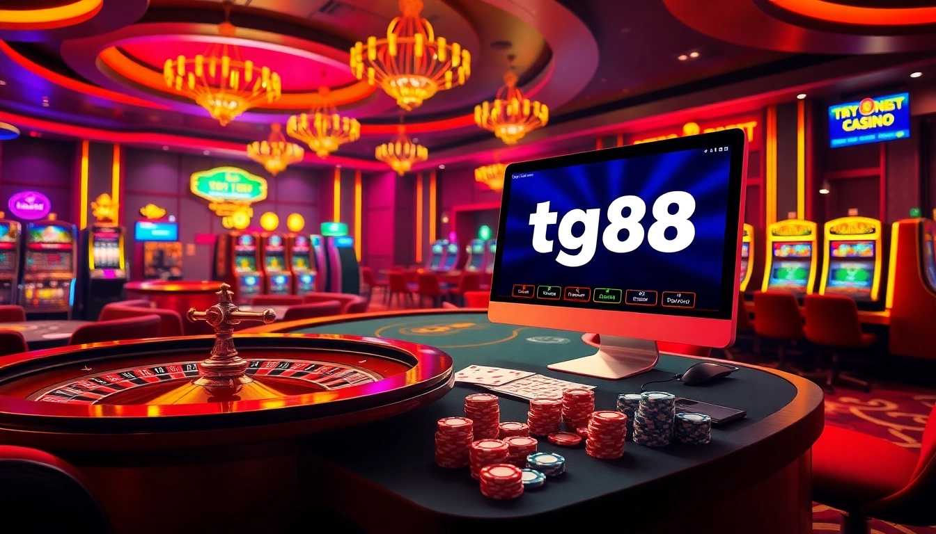 Engaging scene of online gambling with tg88 link on a mobile device amid casino elements.