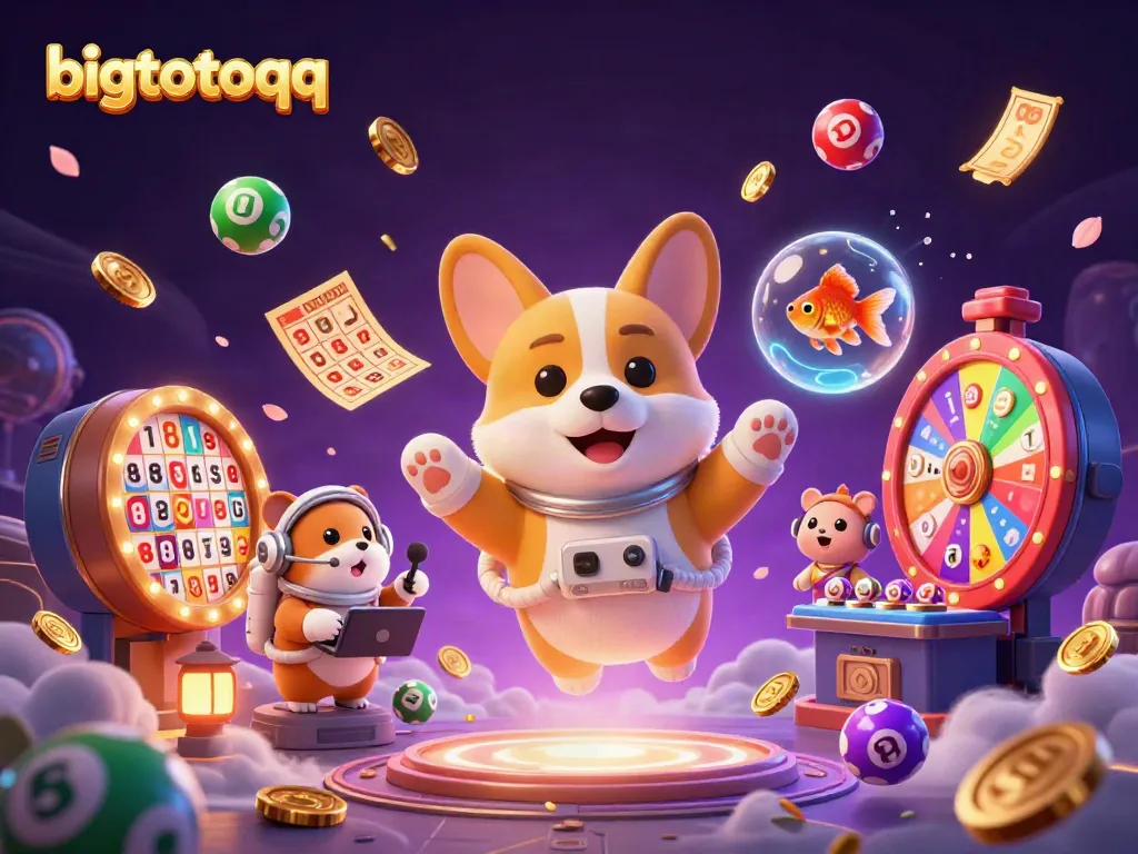 Join the fun with bigtotoqq, featuring a floating astronaut corgi in a vibrant casino scene filled with lottery action.