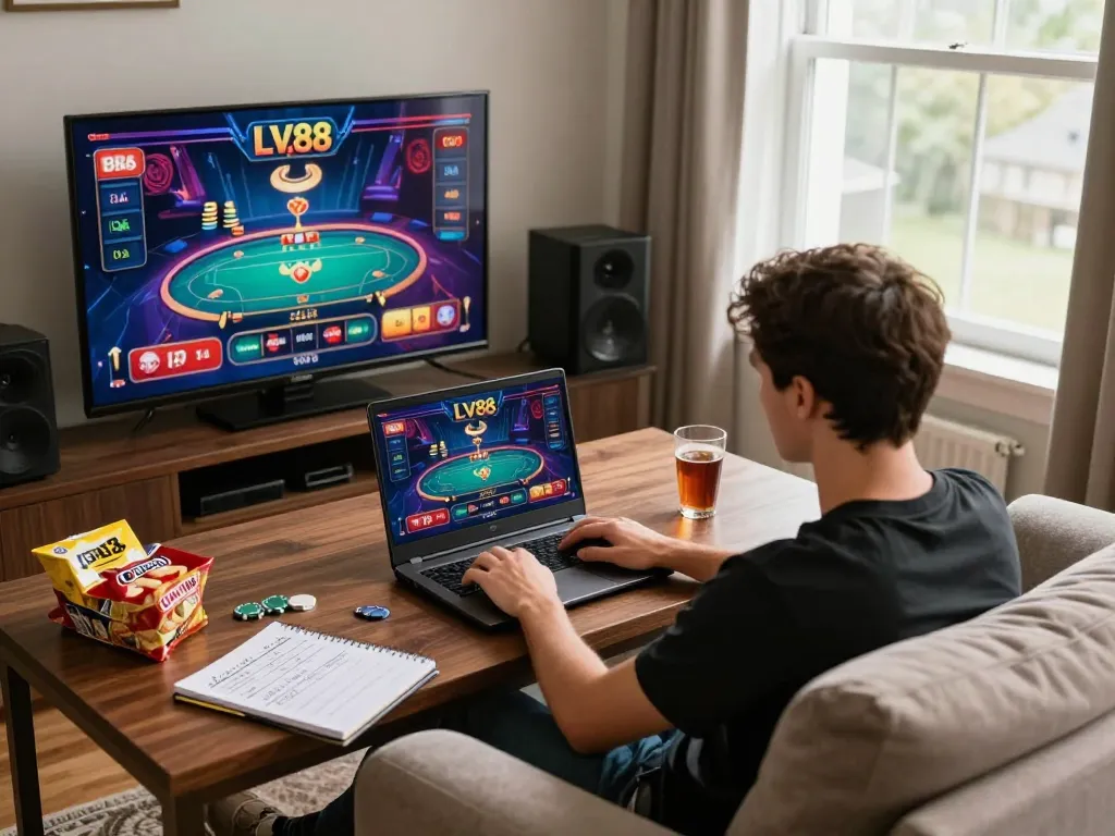 Player enjoying online LV88 casino games on a laptop at home, showcasing a strategic gambling atmosphere.