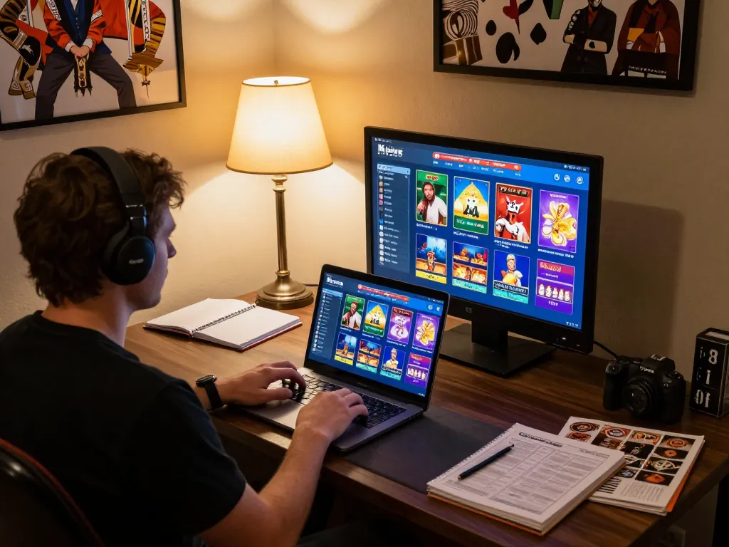 Player enjoying online gambling on laptop at home with uu88, showcasing strategic lifestyle