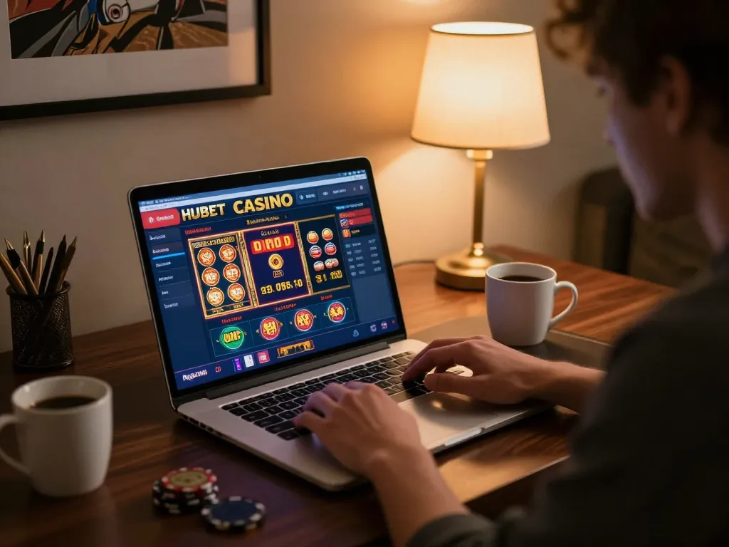 Engaging online gaming session on Hubet with a player at a stylish desk focusing on casino games