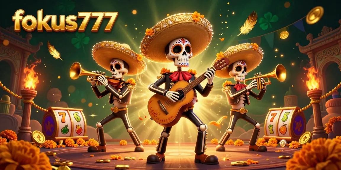 Engage with fokus777's vibrant slot game scene featuring colorful mariachi skeletons and gold coins.