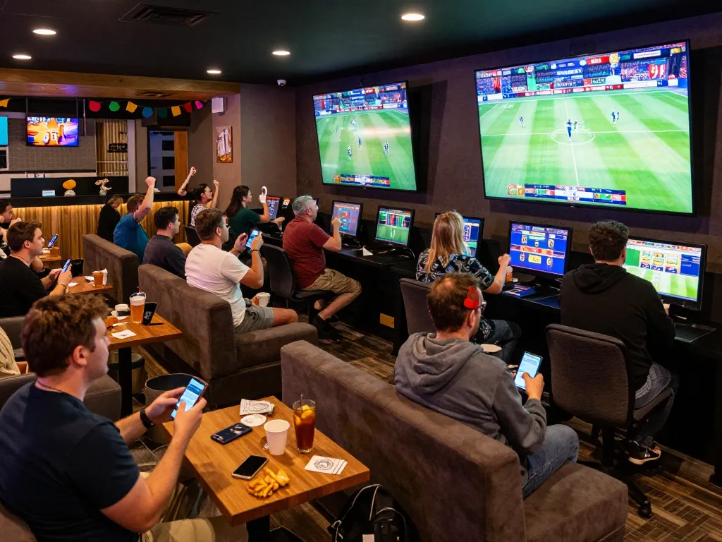 7m sports fans enthusiastically placing bets in vibrant lounge atmosphere