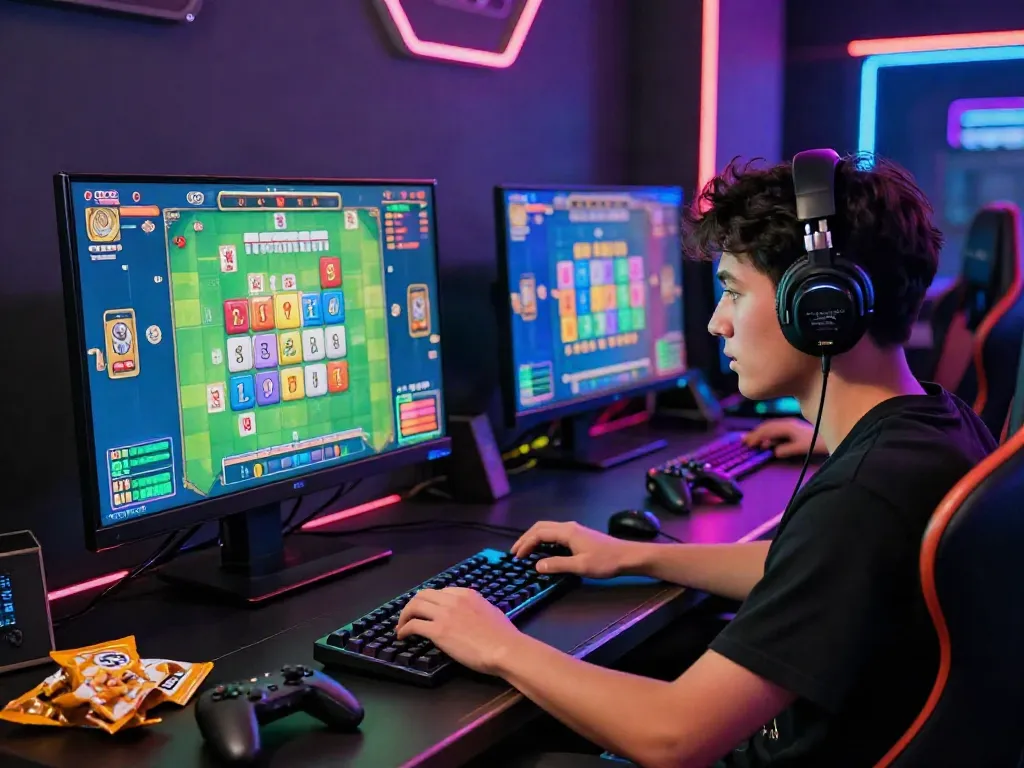 Pemain fokus memainkan mahjong slot, dikelilingi suasana gaming modern.