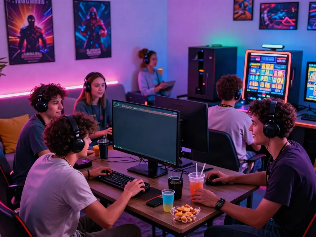 Friends enjoying a SLOT GACOR gaming session in a vibrant living room.