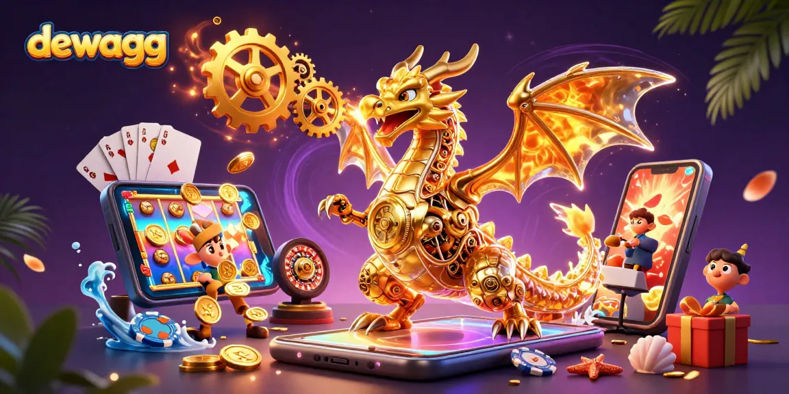 Bet big on dewagg with a golden dragon breathing cogs, framed by vibrant casino elements.