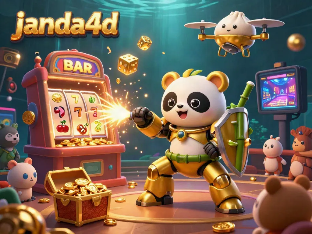 Janda4d mendorong keberuntungan dengan jackpot mesin slot yang berkilauan dan karakter panda emas.