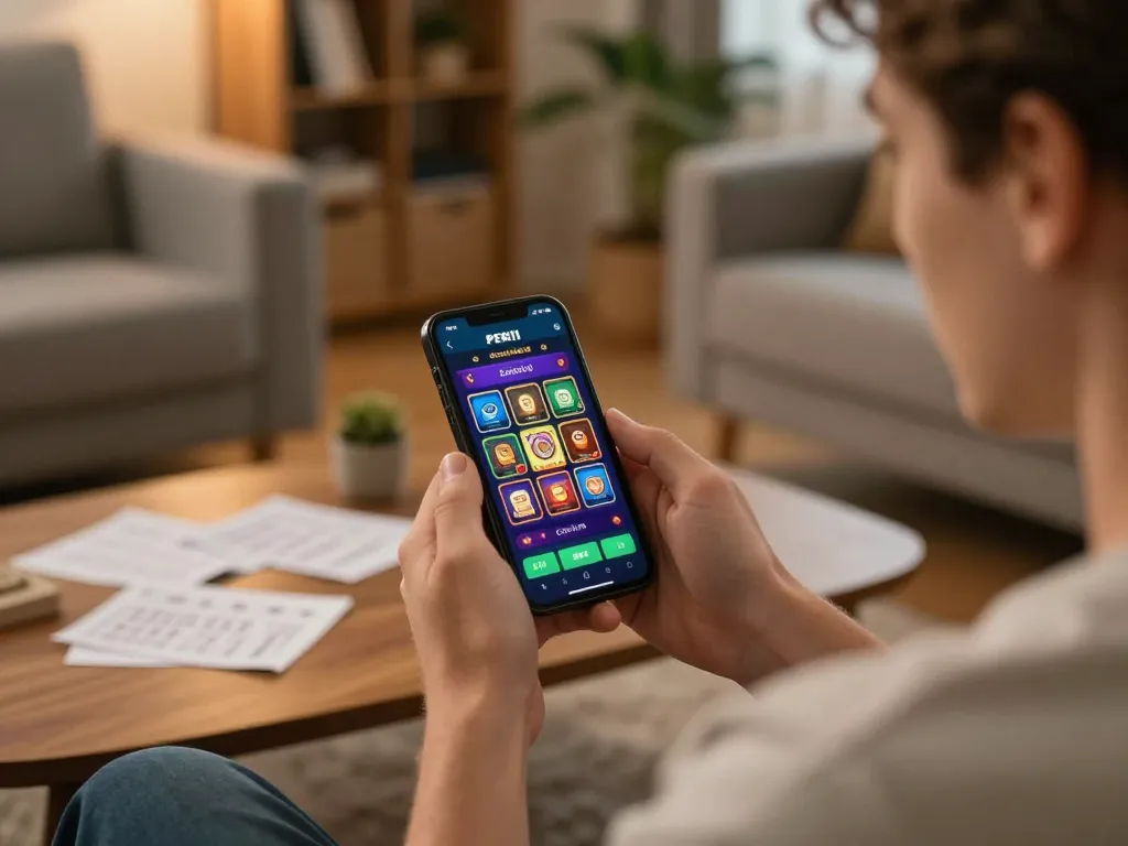 Engaging with the PERI11 app for online betting in a cozy home setting, promoting responsible gaming.
