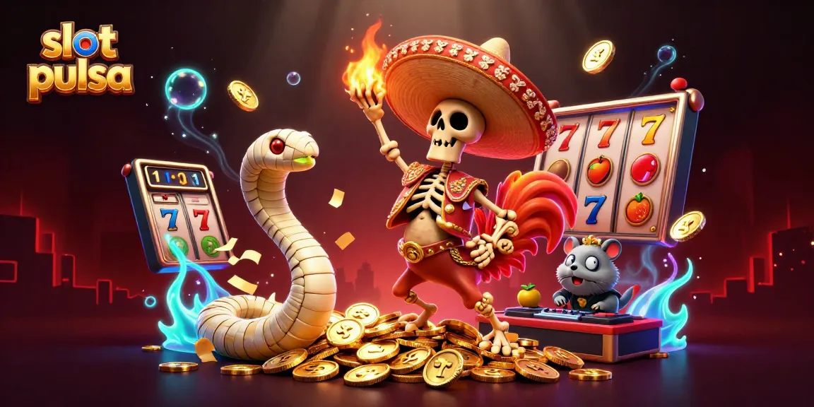 Bermain slot pulsa dengan karakter unik dalam ilustrasi kasino yang penuh warna dan detail.