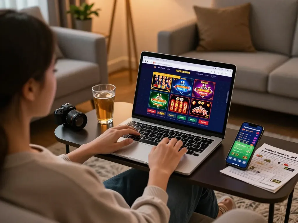 Gambling at home with taixiusunwin.art online casino displayed on a laptop in a cozy setting.