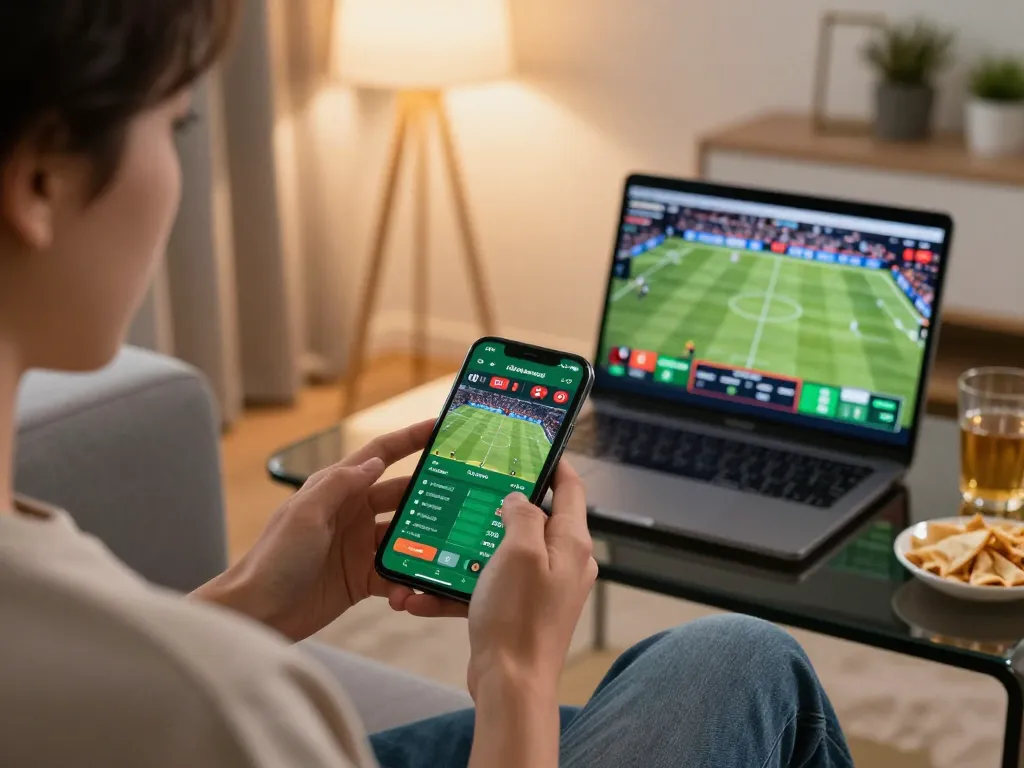 Engaging in LGOGOAL mobile sports betting on a smartphone, showcasing live match odds in a cozy atmosphere.