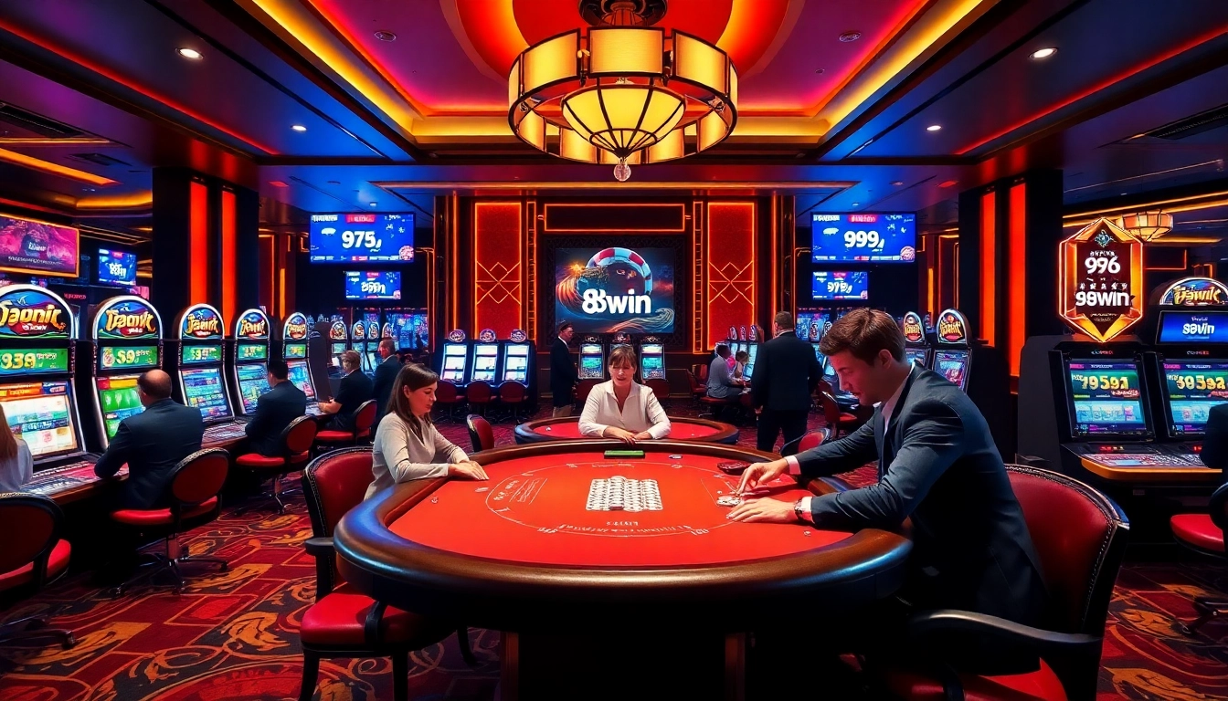 Players excitedly gamble at 98win casino tables, capturing the thrill of betting and winning.