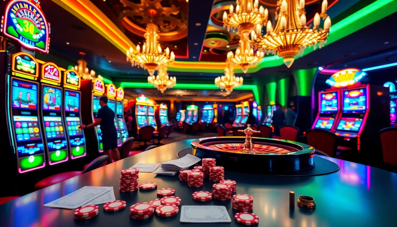 Players enjoying slot bonus opportunities in a vibrant casino setting with glowing machines.